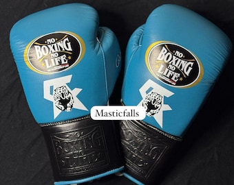 Guantes de Boxeo Hechos a Mano No Boxing No Life Hechos en Piel de Vaca AZUL Y NEGRO / Personaliza tu Nombre / Regalo para él / Regalo de Navidad /