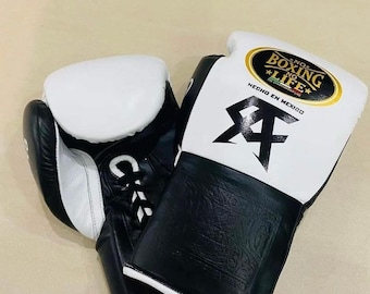 Handgemaakte bokshandschoenen No Boxing No Life gemaakt van rundleer wit en zwart | Personaliseer je naam | Cadeau voor hem | Kerstcadeau |
