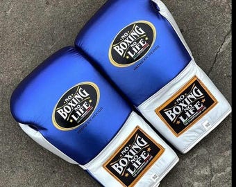 Handmade Boxing Gloves No Boxing No Life Made in Cowhide Leather blue/white | Personalise Your Name | Gift for him | Christmas Gift |