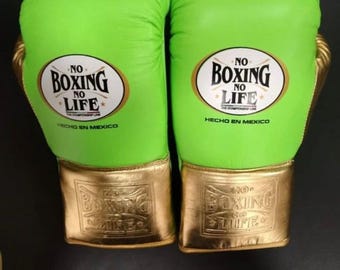Handmade Boxing Gloves No Boxing No Life Made in Cowhide Leather Green & gold | Personalise Your Name | Gift for him | Christmas Gift |
