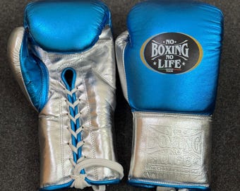 Handmade Boxing Gloves No Boxing No Life Made in Cowhide Leather BLUE & SILVER | Personalise Your Name | Gift for him | Christmas Gift |