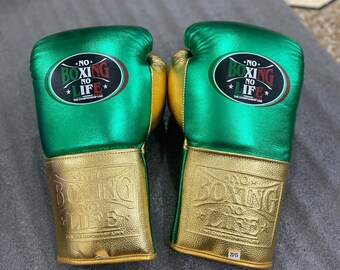 No Boxing No Life ボクシンググローブ 緑/金 Handmade Boxing Gloves No Boxing No Life Made in Cowhide Leather