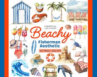 Fisherman Aesthetic Watercolor Clipart Bundle | Nautical Sailor PNGs | Summer Vibe Clipart | Beachy Girl Clipart | Coastal Summer Graphics