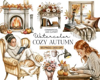 Gezellige herfst clipartbundel | PNG's voor herfstmeisjes voor herfst-scrapbooking | Autumn Vibes-clipart | Pumpkin Book Lover-graphics | Luipaardpompoen, png