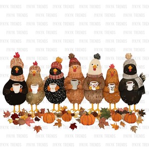 May include: Six cartoon chickens wearing winter hats and scarves are holding mugs of hot beverages. They are standing in front of a white background with fall leaves and pumpkins at their feet.