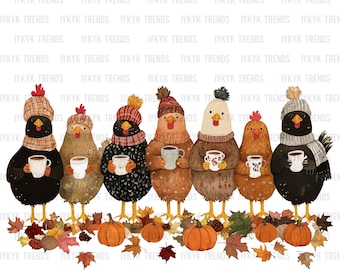 Fall Chickens Shirt PNG | Humorous Fall Chickens | Chicken Lover PNG | Farmer's Market Digital Design | Thankful Chickens and Coffee