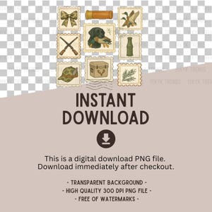 May include: A collection of vintage-style postage stamps with hunting-themed illustrations. The stamps feature images of a bow, shotgun, dog with a duck, ducks in flight, a hunting hat, a cooler, and a sprig of leaves. The text "INSTANT DOWNLOAD" is also present.