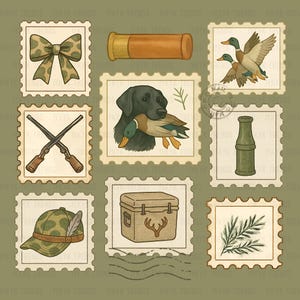 May include: A collection of vintage-style postage stamps featuring hunting-themed illustrations. The stamps depict a bow, shotgun shell, ducks in flight, a black Labrador with a duck, crossed shotguns, a hunting cap, a cooler with a deer antler, a bottle, and a sprig of leaves.