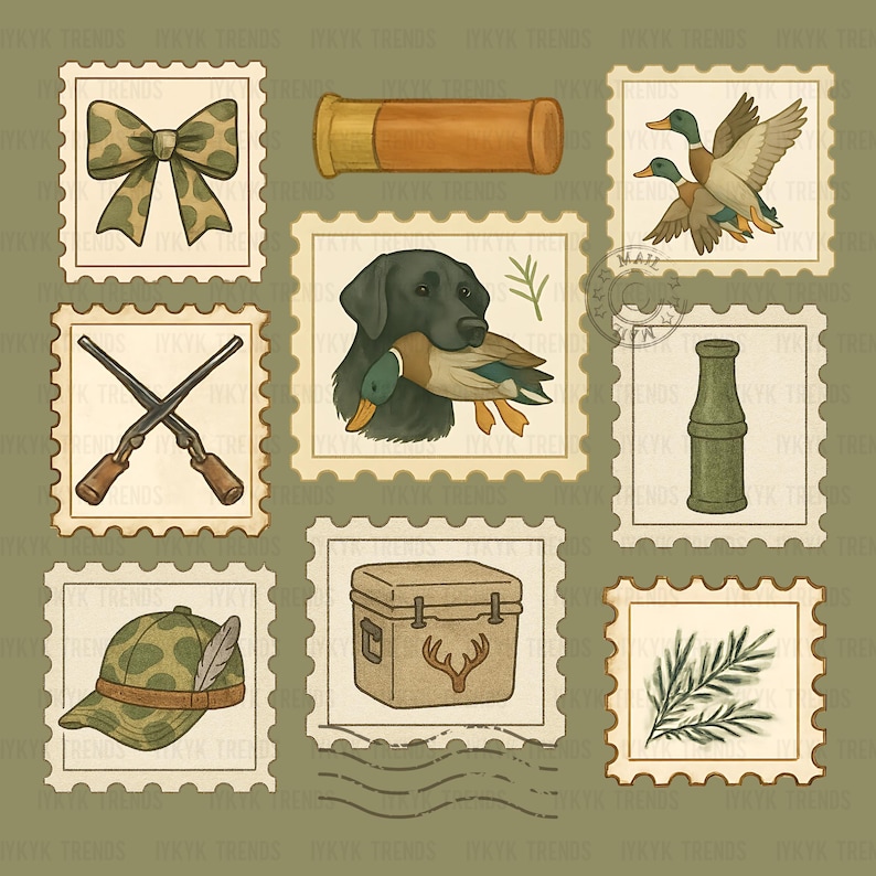 May include: A collection of vintage-style postage stamps featuring hunting-themed illustrations. The stamps depict a bow, shotgun shell, ducks in flight, a black Labrador with a duck, crossed shotguns, a hunting cap, a cooler with a deer antler, a bottle, and a sprig of leaves.