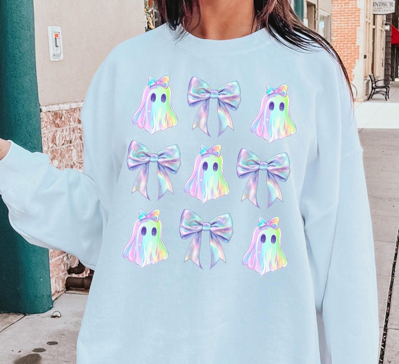 Iridescent Coquette Ghost Halloween PNG, Coquette Holographic Ghost Bow, Cute Ghost Graphic Tee, Pink Coquette Halloween, Pink Spooky Vibes