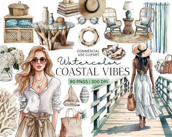 Coastal Vacation Watercolor Clipart Bundle | Summer Islandcore Aesthetics PNGs | Summer Vibe Clipart | Beach Girl Clipart | Summer Graphics