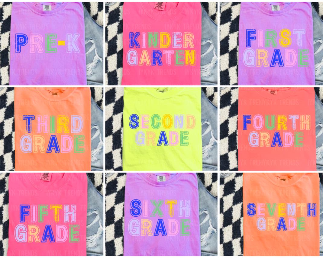 Grade Level Back to School First Day Shirt Bundle | Trendy Preppy Back to School Shirt PNG designs | Pre-k thru 8th Grade | Neon Varsity PNG