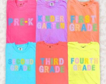 Grade Level Back to School First Day Shirt Bundle | Trendy Preppy Back to School Shirt PNG designs | Pre-k thru 8th Grade | Neon Varsity PNG