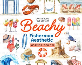Fisherman Aesthetic Watercolor Clipart Bundle | Nautical Sailor PNGs | Summer Vibe Clipart | Beachy Girl Clipart | Coastal Summer Graphics