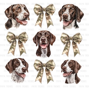 Op de afbeelding: Een digitale illustratie van een Duitse Korthaar met een camouflage strik. De hond is bruin en wit met een gevlekt patroon. De strik is groen en bruin met een camouflage patroon.