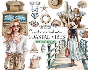 Kustsemester Akvarell Clipart Bundle | Sommar Islandcore Estetik PNGs | Sommarvibe Clipart | Strandflicka Clipart | Sommargrafik