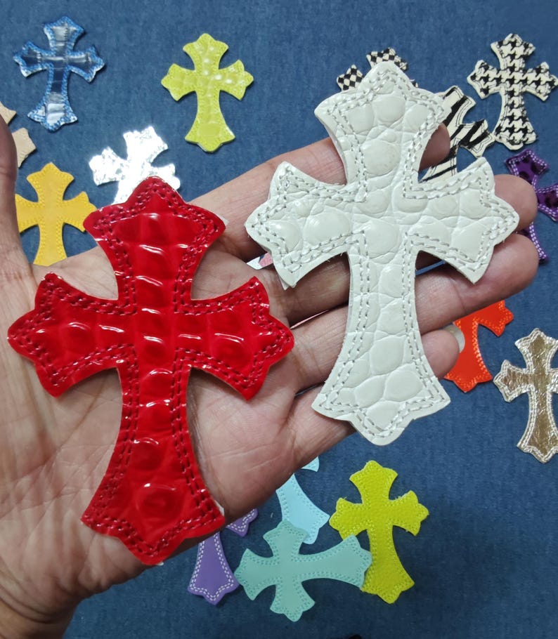 Custom IRON ON Embroidered leather Gothic hearts chrome cross hearts Iron on cross ch jean ,gift for men,,gift for friend,gift for birthday image 5