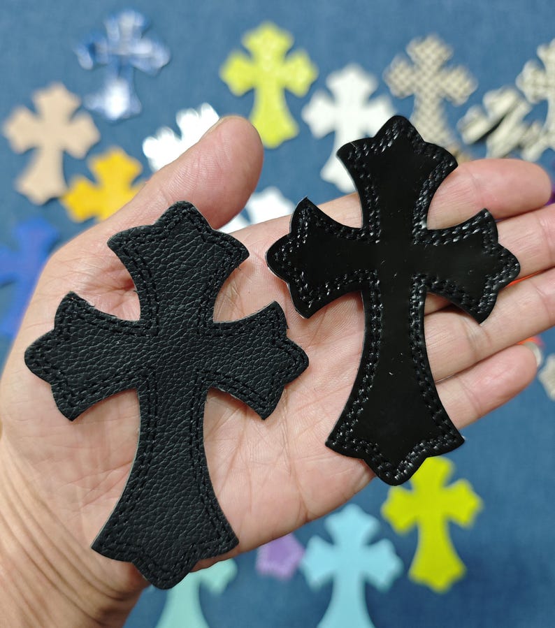 Custom IRON ON Embroidered leather Gothic hearts chrome cross hearts Iron on cross ch jean ,gift for men,,gift for friend,gift for birthday image 6