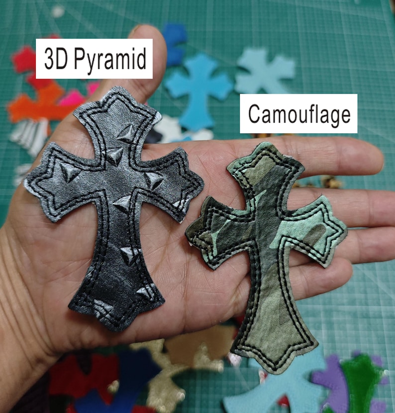 Custom IRON ON Embroidered leather Gothic hearts chrome cross hearts Iron on cross ch jean ,gift for men,,gift for friend,gift for birthday image 4