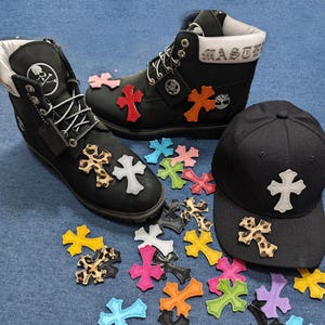 Custom leather Gothic chrome cross Iron on patch hat,shoe ch jeans ,gift for men,,gift for friend,gift for birthday 2,5&quot;x2.75&quot; inch