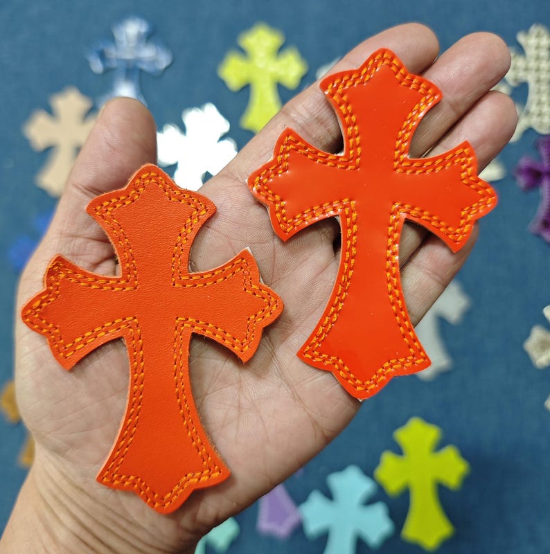 Custom IRON ON Embroidered leather Gothic hearts chrome cross hearts Iron on cross ch jean ,gift for men,,gift for friend,gift for birthday image 7