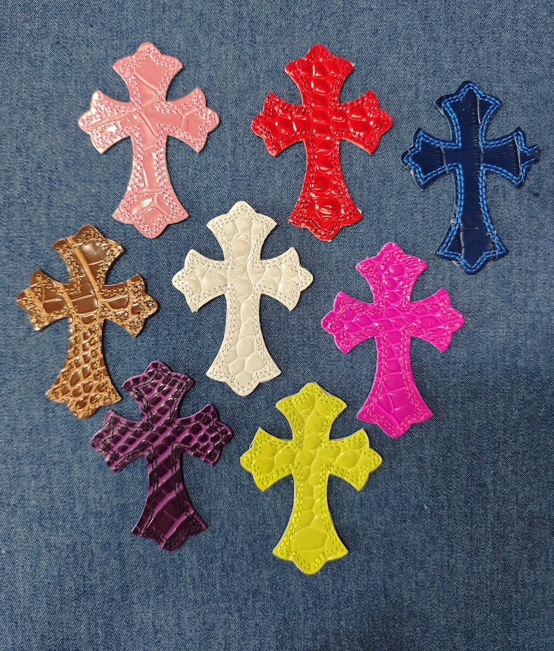 Custom IRON ON Embroidered leather Gothic hearts chrome cross hearts Iron on cross ch jean ,gift for men,,gift for friend,gift for birthday image 9