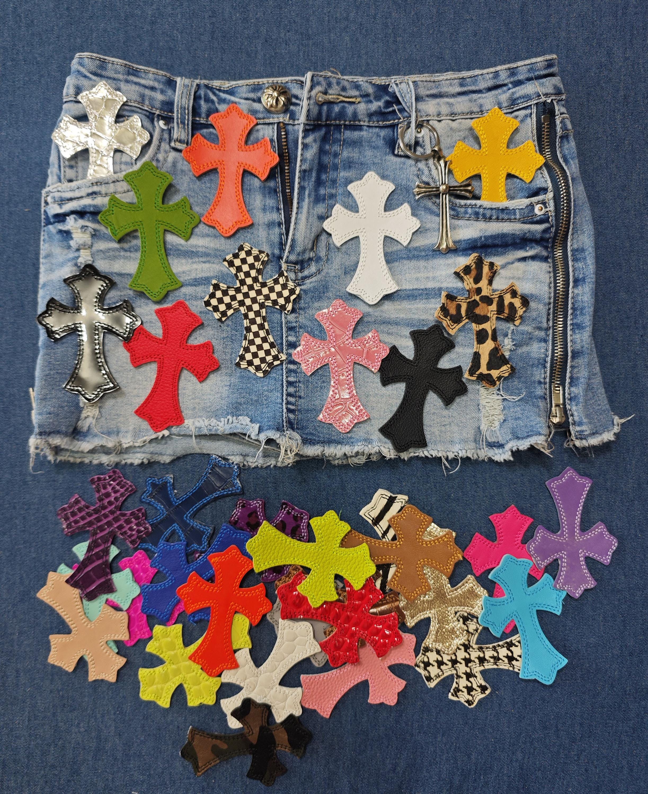 Custom IRON ON Embroidered Leather Gothic Hearts Chrome Cross