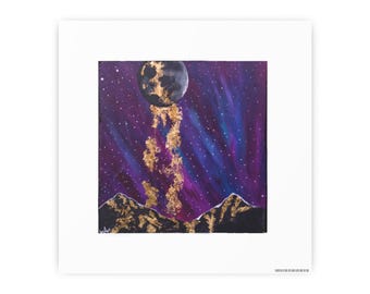 Poster, stampa artistica "Tre sorelle e polvere di stelle", sogni di cielo notturno magico in montagna, lamina d'oro acrilica, decorazione da parete, decorazione per ufficio in casa