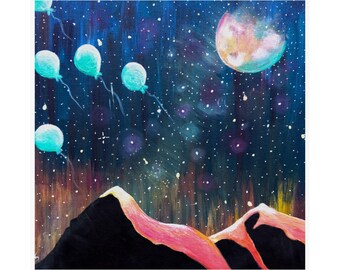 May include: An acrylic painting depicts a night sky filled with stars and a colorful moon. Turquoise balloons float above a mountain range with pink and orange highlights. The artwork evokes a whimsical, dreamlike atmosphere.
