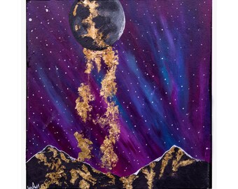 Cosmic Night Sky Print | Gold Moon, Aurora, Mountains, Oregon Wall Art