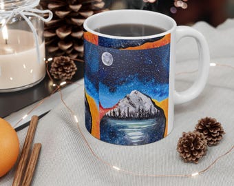 Tazza in ceramica con immagine dell'alba e del tramonto sul Monte Hood e del Lago Specchio.