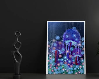 May include: A rectangular framed painting featuring three bioluminescent mushrooms in shades of deep blue and purple, surrounded by glowing white and teal circular light orbs against a dark background, displayed next to a black abstract sculpture.