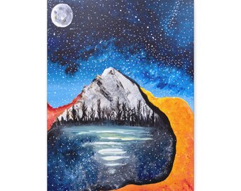 May include: An acrylic painting of a mountain landscape under a starry night sky. The artwork features a snow-capped mountain, a dark forest, and a lake reflecting the night sky. The color palette includes blues, oranges, and whites.