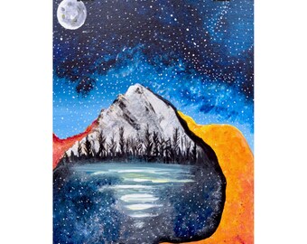 May include: An acrylic painting of a mountain landscape under a starry night sky. The artwork features a white mountain, a dark forest, and a lake. The sky is a gradient of blue and black, with a full moon and white stars.
