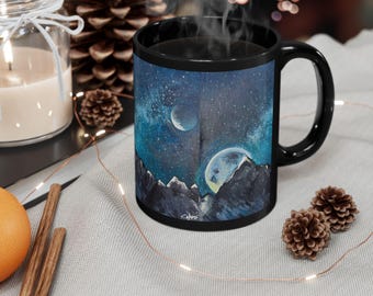 Ceramic Night Sky Mountain Mug | Celestial Moon Stars Landscape Coffee Cup