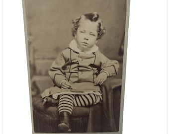 Antique 1870s CDV Cleveland OH Cheeky Toddler Boy in Striped Stockings by Nock