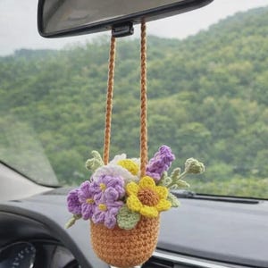 Crochet Wildflower Car Hanging, Handmade Rearview Mirror Flower Pot, Boho Floral Car Charm, Cute Hanging Car Decor Gift