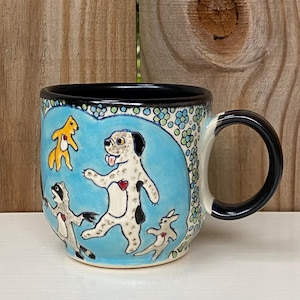 Dances With Frenemies Dogs Mug, Blue Handmade Coffee Mug or Tea Mug with Dogs and Wildlife, Animal Pottery, Handmade Mug (BAD54)