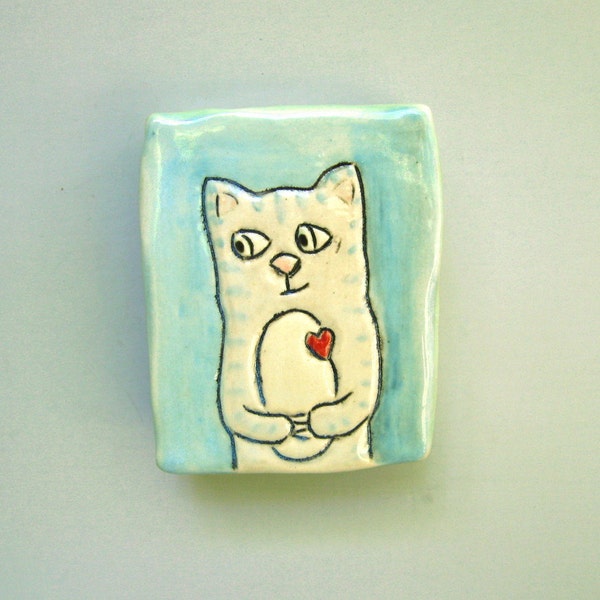 Cat Art, Mini Wall Art with Sweet Gray Tabby Cat, Blue and Gray Small Wall Tile with Kitty, Home Decor, Animal Art Pottery, Cat Lovers Gift