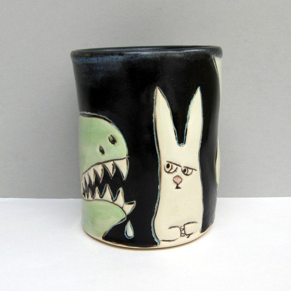 Dinosaur Tumbler with Rabbit,  Black, Green, and White  Ceramic Pottery Cup or Tumbler, Animal Pottery, Dinosaur Pottery