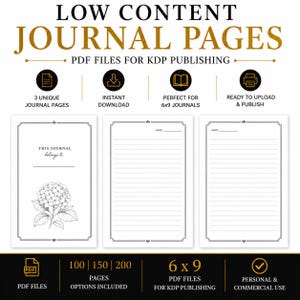 May include: Three digital journal page templates for KDP publishing. The first page features a floral illustration and the text 'THIS JOURNAL belongs to'. The other two pages are lined with a 'DATE:' field. All pages have a decorative border.