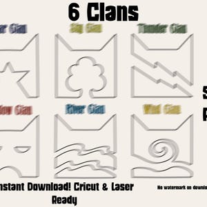 May include: An image displaying six clan symbols, each with a unique design, and the text "6 Clans". The symbols include a star, tree, lightning bolts, eyes, waves, and a spiral. The image also includes the text "SVG PNG" and "Instant Download! Cricut & Laser Ready".