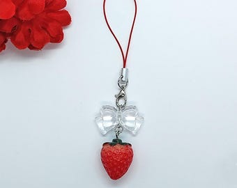 Berloque de Morango com Laço Transparente - Telefone, Chaves, Bolsas