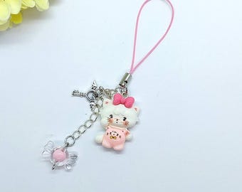 Pingente de gatinho kawaii | Acessório para celular, chave e bolsa
