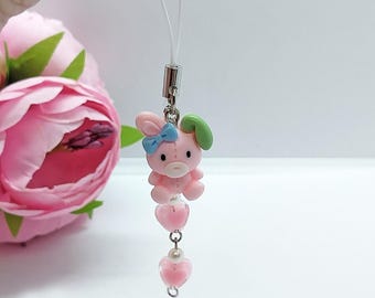 Charm de conejito rosa / Corazones, para teléfono, bolso, mochila