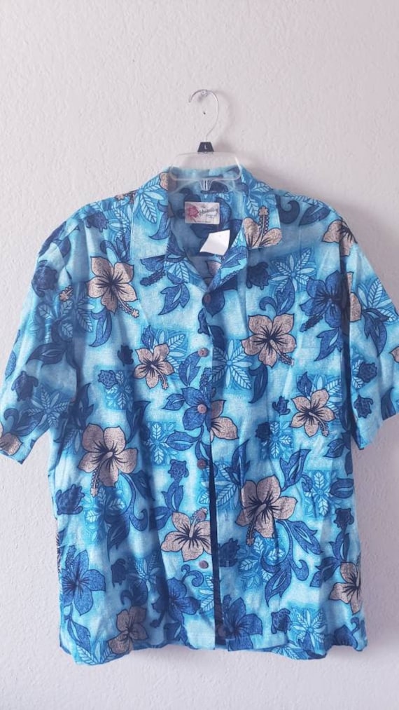 Hilo Hattie Hawaiian Blue and Brown Shirt/ size L/