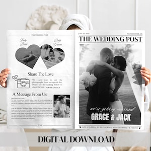 Può includere: Un design di giornale di nozze in bianco e nero con il titolo "THE WEDDING POST". Il giornale presenta foto degli sposi, il testo "Share The Love" e i nomi "GRACE & JACK". La frase "we're getting married!" è anche visibile.