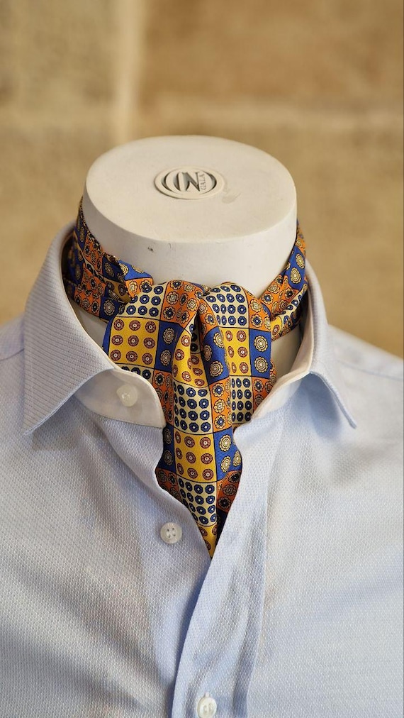 100% Pure Silk Unisex Ascot Tie - Men's or Women's Silk Scarf, Handmade Italy Ottavio Nuccio, Ascot Patchwork & Stars Vintage Heritage