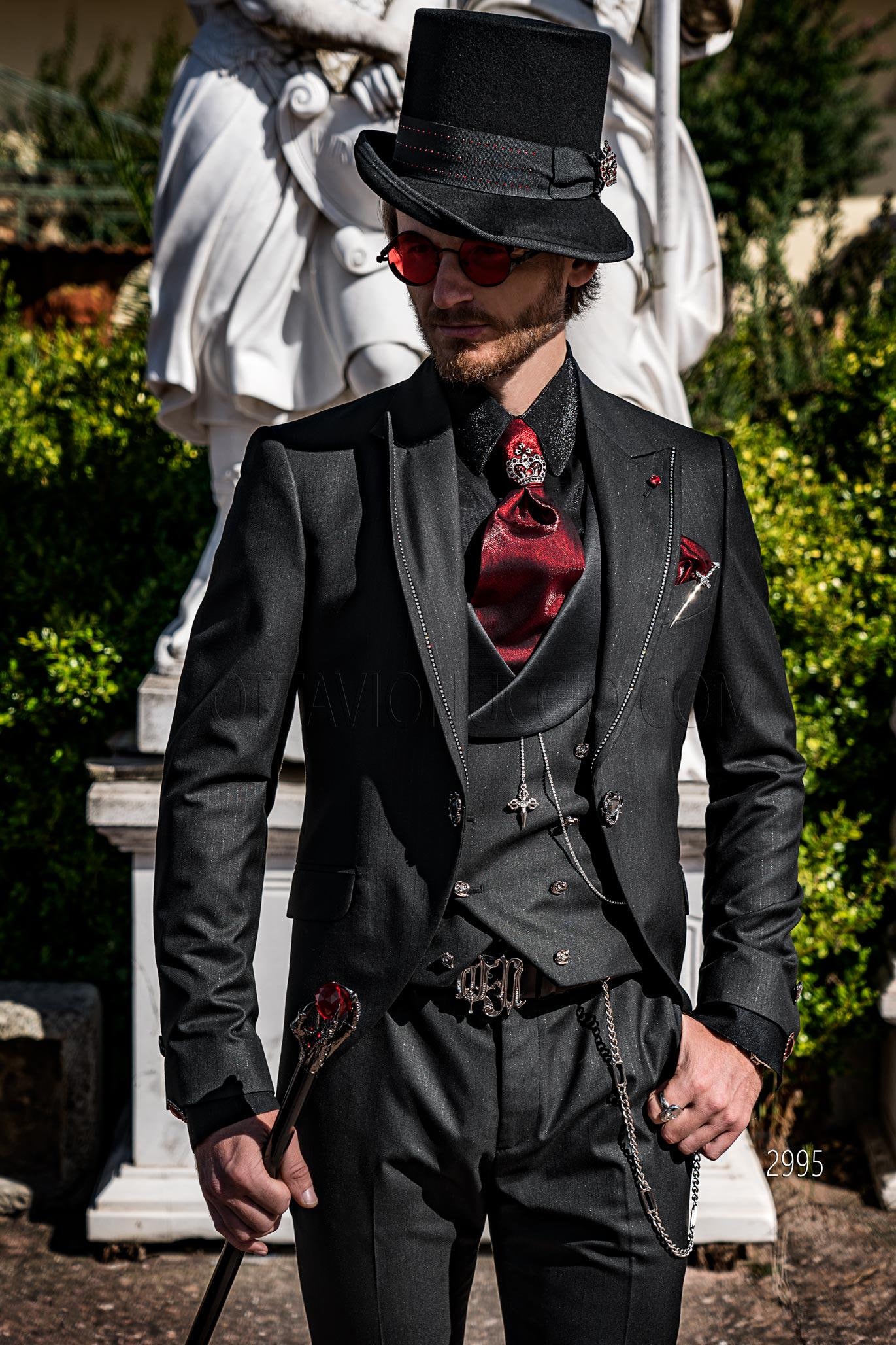 Black pinstripe suit in steampunk style for men | Made in Italy men's wedding suit | Tailor-made steampunk suit | Black Italian pinstripe suit