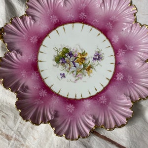 1940s Hand Painted Porcelain Plate: Pink Purple Floral Center, Gold Scalloped Edge (12 inch)